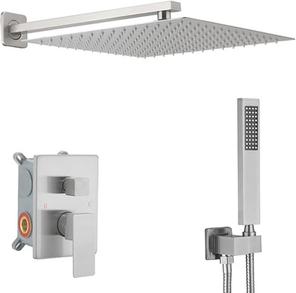 Brushed Nickel Shower System 16 Inch Bathroom Luxury Rain Mixer Shower Combo Set Wall Mounted Rainfall Shower Head and Handheld System Shower Faucet Set Rough-in Valve Body and Trim Kit
