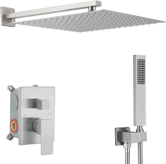 Brushed Nickel Shower System 16 Inch Bathroom Luxury Rain Mixer Shower Combo Set Wall Mounted Rainfall Shower Head and Handheld System Shower Faucet Set Rough-in Valve Body and Trim Kit
