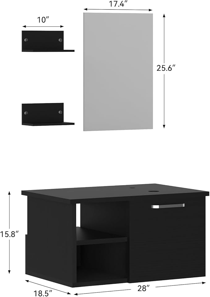 YOURLITE 28" Wall Mounted Bathroom Vanity Modern Lavatory Wood Cabinet with Mirror Clear Boat Tempered Glass Sink Combo Vanities Set