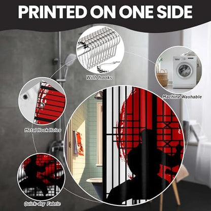 Japanese Shower Curtain Japan Anime Asian Black and Red Shower Curtains for Mens Bathroom Decor Sets, Waterproof Cloth Fabric with Hooks, 108x72 Inch