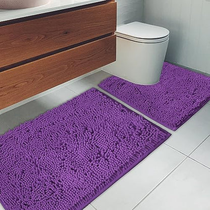 Bathroom Rugs Chenille Bath mat 2 Piece Set, Super Absorbent, Strong PVC Non Slip Backing, Bath mats for Bathroom, Plush Shaggy, Thick, Machine Washable, Bathtub, Shower, Toilet.(Violet)