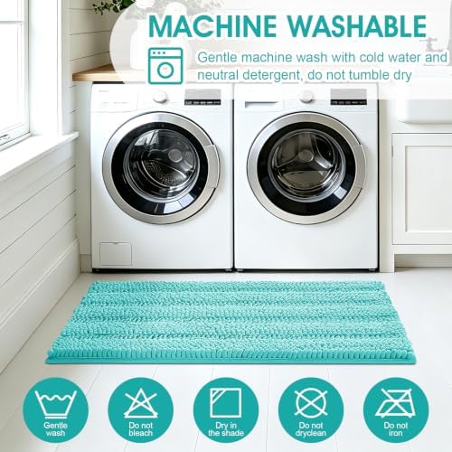 ACCUMTEK Striped Teal Green Bathroom Rug Set 3 Pieces Ultra Soft, Non Slip Chenille Toilet Mat, Absorbent Plush Shaggy Bath Mats for Bathroom, Bedroom, Kitchen, Turquoise