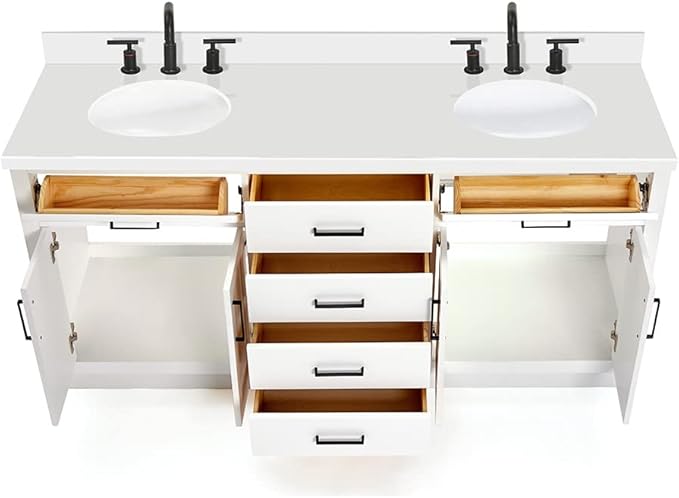 ARIEL Hepburn 72-inch Bathroom Vanity with Sink,Solid Wood, 1.5-inch Pure White Quartz Countertop & Backsplash, Double Oval Porcelain Sink, 4 Soft Closing Doors, 6 Dovetail Drawers, White