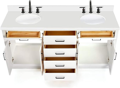 ARIEL Hepburn 72-inch Bathroom Vanity with Sink,Solid Wood, 1.5-inch Pure White Quartz Countertop & Backsplash, Double Oval Porcelain Sink, 4 Soft Closing Doors, 6 Dovetail Drawers, White