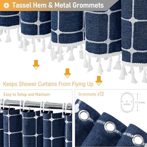 BTTN Extra Long Boho Farmhouse Linen Shower Curtain Set, 72x96, Navy Blue