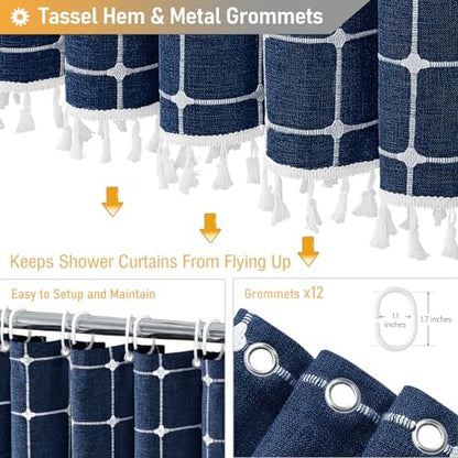 BTTN Extra Long Boho Farmhouse Linen Shower Curtain Set, 72x96, Navy Blue