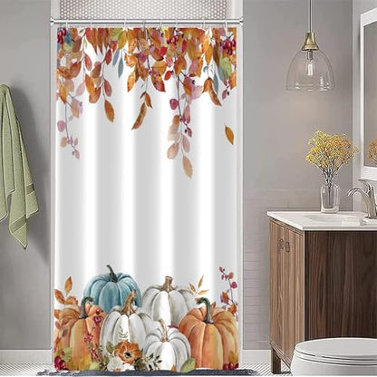 Fall Pumpkin Shower Curtain, Thanksgiving Autumn Maple Leaves Watercolor Floral Harvest Boho Bathroom Curtains with Hooks for Bathroom Bathtubs Decor, Waterproof Polyester Fabric 48x72