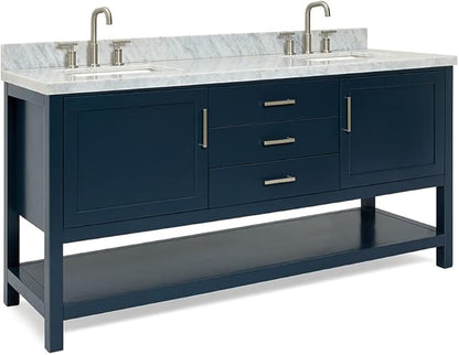 ARIEL Bayhill 72-inch Bathroom Vanity with Sink,Solid Wood, 1.5-inch Italian Carrara Marble Countertop, Double Rectangular Porcelain Sink, 2 Soft Closing Doors, 3 Dovetail Drawers, Midnight Blue