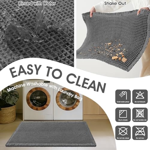 ACCUMTEK Upgraded Waffle Bath Mat, 36"x24" Grey, Super Absorbent Non-Slip Quick Dry Bathroom Rugs with Tassels, Machine Washable Ultra Soft Boho Bath Rugs for Floor, Toilet Mats Boho Farmhouse Decor