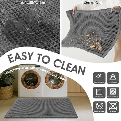 ACCUMTEK Upgraded Waffle Bath Mat, 36"x24" Grey, Super Absorbent Non-Slip Quick Dry Bathroom Rugs with Tassels, Machine Washable Ultra Soft Boho Bath Rugs for Floor, Toilet Mats Boho Farmhouse Decor
