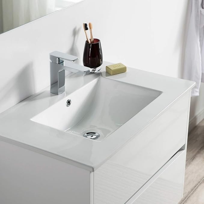 Blossom 30 Inch Single Bathroom Vanity with Ceramic Sink | All Wood Floating Vanity Cabinet | 2 Soft-Closing U-Shaped Cutout Drawers | Modern Vanities with Storage, Glossy White