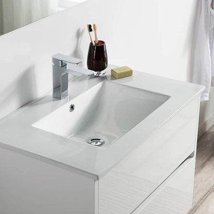 Blossom 30 Inch Single Bathroom Vanity with Ceramic Sink | All Wood Floating Vanity Cabinet | 2 Soft-Closing U-Shaped Cutout Drawers | Modern Vanities with Storage, Glossy White
