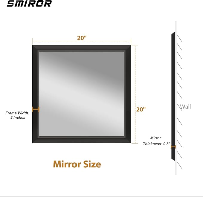SMIROR 20x20 Matte Black Bathroom Vanity Mirror for Over Sink | Metal Wide Frame, Rectangle, Right- Angle Corner, Anti-Rust, Horizontally or Vertically Wall- Mounted for Home Remodel