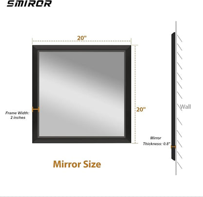 SMIROR 20x20 Matte Black Bathroom Vanity Mirror for Over Sink | Metal Wide Frame, Rectangle, Right- Angle Corner, Anti-Rust, Horizontally or Vertically Wall- Mounted for Home Remodel
