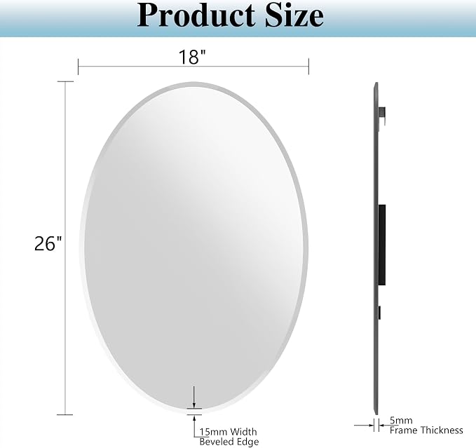 Frameless Oval Mirror, 18"x26" Oval Beveled Bathroom Mirrors | Frameless, 15mm beveled edge, 5mm HD glass, anti-rust, french cleat, horizontally or vertically, for bathroom/bedroom