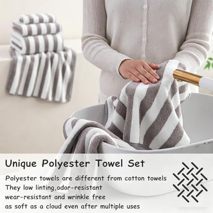 18 Pcs Light Gray Stripe Bath Towel Set with Hanging Loop-6 Bath Towels,6 Hand Towels,6 Washcloths Soft Family Towels Set Bathroom Towel Highly Absorbent Quick Dry Shower Towel for Beach Spa Gym Hotel