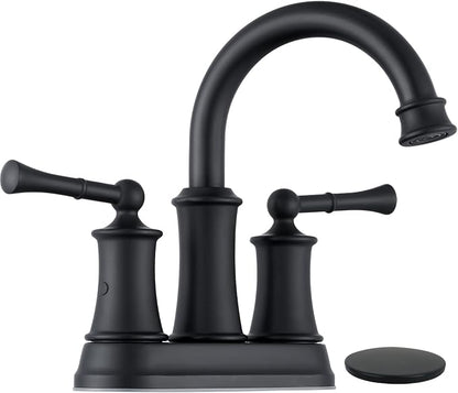 4 Inch Centerset Bathroom Faucet Matte Black,2 Handle Bathroom Faucet 3 Hole, Antique Brass Bathroom Faucet with Pop Up Drain Supply Hose for Vanity Lavatory RV Farmhouse(L2303-BK)