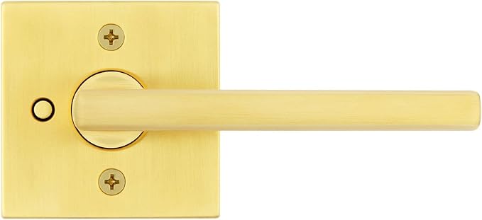 Kwikset Halifax Interior Privacy Door Handle with Lock, Door Lever For Bathroom and Bedroom, Satin Brass Reversible Keyless Push Button Lock Door Lever, with Microban Protection, Square Rose
