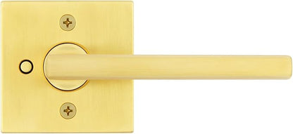 Kwikset Halifax Interior Privacy Door Handle with Lock, Door Lever For Bathroom and Bedroom, Satin Brass Reversible Keyless Push Button Lock Door Lever, with Microban Protection, Square Rose