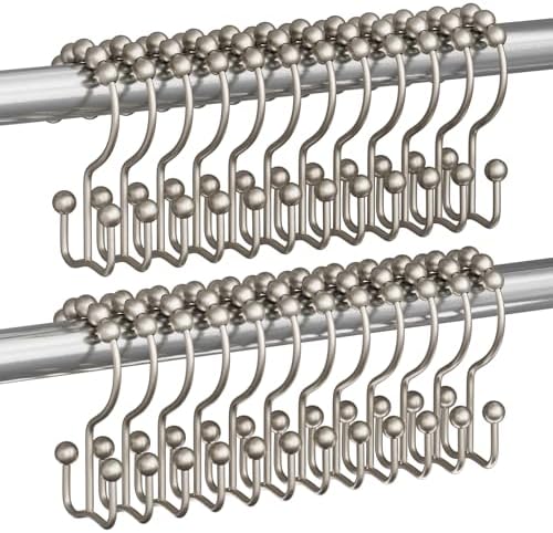 Titanker Shower Curtain Hooks Rings, Rust Resistant Metal Double Glide Shower Hooks Rings for Bathroom Shower Rods Curtains, Set of 24 Hooks - Matte Nickel