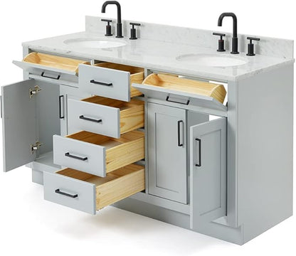 ARIEL Hepburn 60-inch Bathroom Vanity with Sink,Solid Wood, 0.75-inch Italian Carrara Marble Countertop & Backsplash, Double Oval Porcelain Sink, 4 Soft Closing Doors, 6 Dovetail Drawers, Grey
