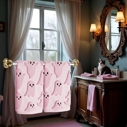 2 Pack Halloween Hand Towels 100% Cotton Jacquard Ghost Halloween Kitchen Towels White Bathroom Towels Set Seasonal Bathroom Decor (Pink Ghost, Halloween)