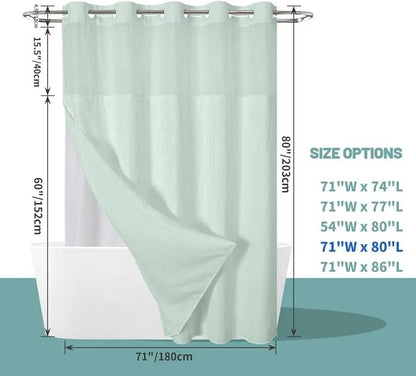 No Hook Waffle Shower Curtain with Snap-in Liner, 71x80 Inch, Mint Green | 230 GSM waffle weave fabric, waterproof liner set with 2 bottom magnets, mesh top window, washable, for bathroom or hotel use