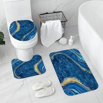 Gibelle 4 Pcs Luxury Marble Shower Curtain Set with Non-Slip Rugs, Toilet Lid Cover and Bath Mat, Gold Foil Blue Bathroom Decor Set with Shower Curtain and Rugs and Accessories