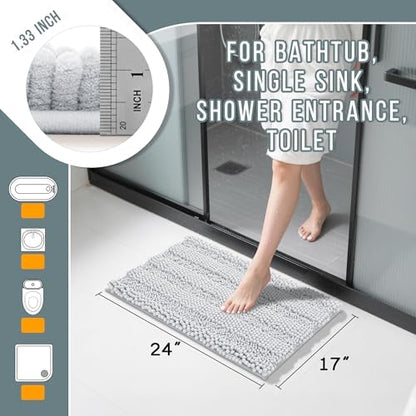 Yimobra Bathroom Rug Mat 24 x 17, Non Slip and Super Absorbent Bath Mat,Machine Washable Quick Dry,Ultra Plush Chenille Shower Rugs for Bathroom Floor Sink Tub and Shower Outside,Silver