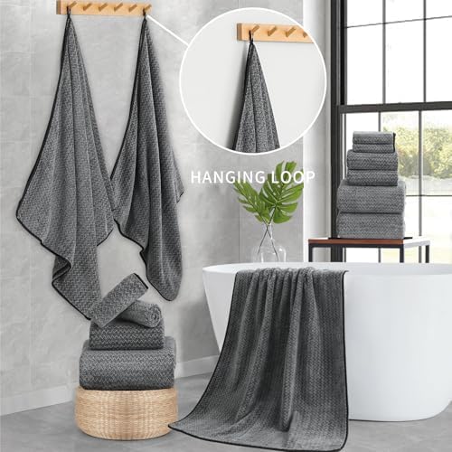 Ultra Soft Bath Towel Set,12 Piece (4 Bath Towels,4 Hand Towels,4 Washcloths) Family Bathroom Towel Set with Hanging Loops,Quick Dry Extra Absorbent Fluffy Shower Towel for Bathroom,Hotel,Spa-Black