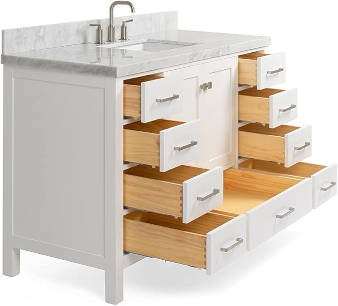 ARIEL Cambridge 54-inch Bathroom Vanity with Sink,Solid Wood, 1.5-inch Pure White Quartz Countertop & Backsplash, Single Rectangular Porcelain Sink, 2 Soft Closing Doors, 9 Dovetail Drawers, White