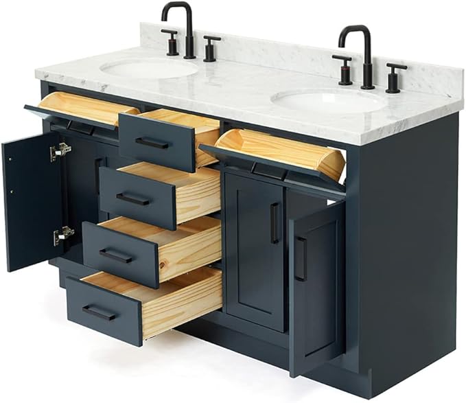 ARIEL Hepburn 60-inch Bathroom Vanity with Sink,Solid Wood, 1.5-inch Italian Carrara Marble Countertop, Double Oval Porcelain Sink, 4 Soft Closing Doors, 6 Dovetail Drawers, Midnight Blue