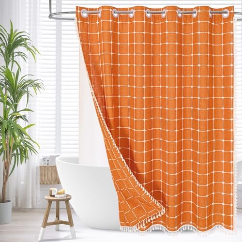 MitoVilla No Hooks Needed Orange Boho Shower Curtain with Snap-in Liner, Farmhouse Cotton Linen Fabric Shower Curtains with Tassels for Rustic Neutral Bathroom Decor, Burnt Orange, 72 x 74