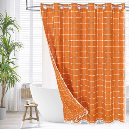 MitoVilla No Hooks Needed Orange Boho Shower Curtain with Snap-in Liner, Farmhouse Cotton Linen Fabric Shower Curtains with Tassels for Rustic Neutral Bathroom Decor, Burnt Orange, 72 x 74