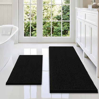 Smiry Chenille Bathroom Rugs Sets 2 Piece (47x17+24x16, Black)