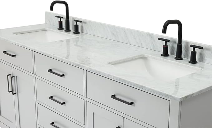 ARIEL Hepburn 72-inch Bathroom Vanity with Sink,Solid Wood, 0.75-inch Italian Carrara Marble Countertop, Double Rectangular Porcelain Sink, 4 Soft Closing Doors, 6 Dovetail Drawers, Grey