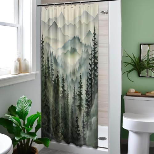 Sage Green Forest Stall Shower Curtain, 36X72 in Narrow Small, Mountain