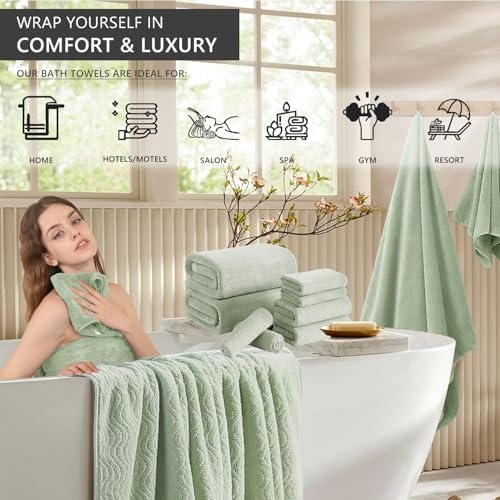 8 Piece Bath Towel Set Green|2 Oversized Large Bath Sheet,2 Hand Towels,4 Washcloths| Ultra Soft Cozy Bath Towel Set for Bathroom Hotel Gym Spa,Highly Absorbent & Quick Dry Bathroom Towel Collections