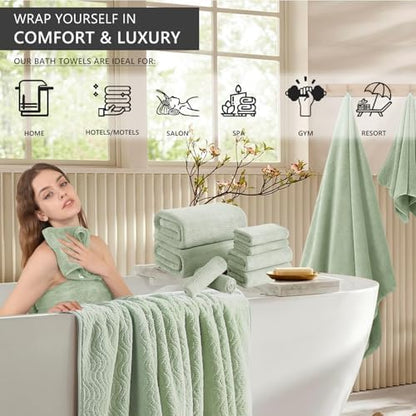 8 Piece Bath Towel Set Green|2 Oversized Large Bath Sheet,2 Hand Towels,4 Washcloths| Ultra Soft Cozy Bath Towel Set for Bathroom Hotel Gym Spa,Highly Absorbent & Quick Dry Bathroom Towel Collections