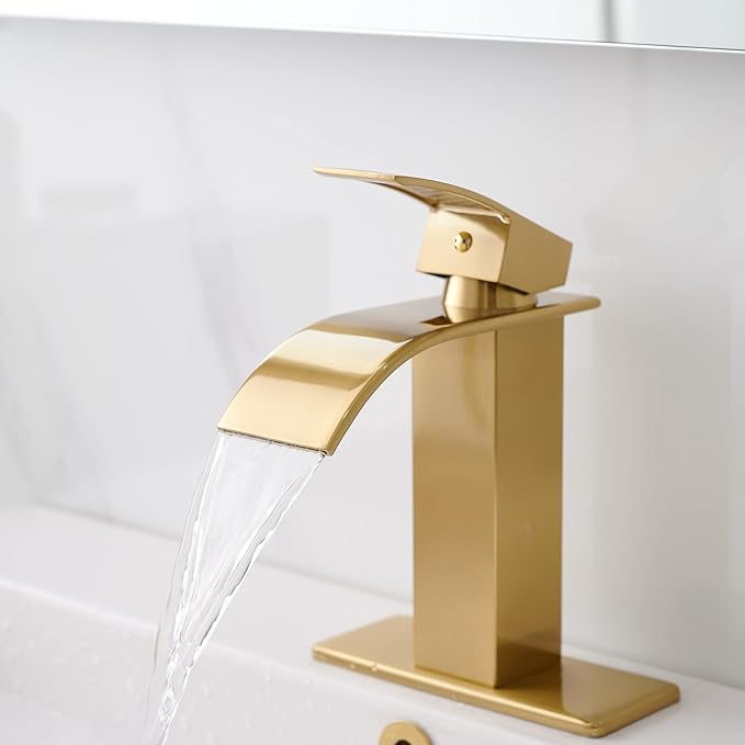 BWE Brushed Gold Bathroom Faucet Modern Waterfall Single Hole Faucet for Bathroom Sink Single Handle with Pop Up Drain with Overflow Assembly and Supply Line Lavatory Bath Faucet
