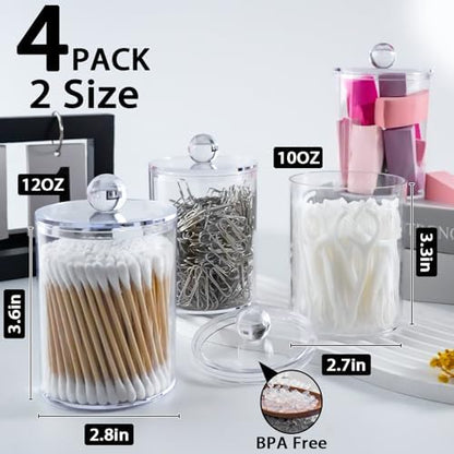 4 Pcs Acrylic Qtip Holder, Cotton Ball Holder Jars with Lids, Clear