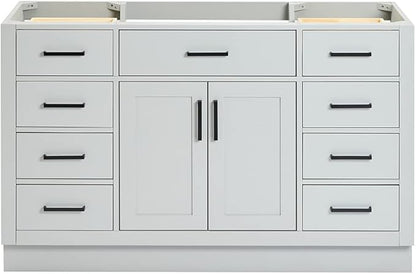 ARIEL Hepburn 54-inch Bathroom Vanity Base Cabinet,Solid Wood, 2 Soft Closing Doors, 9 Dovetail Drawers, Grey