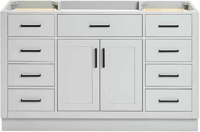 ARIEL Hepburn 54-inch Bathroom Vanity Base Cabinet,Solid Wood, 2 Soft Closing Doors, 9 Dovetail Drawers, Grey