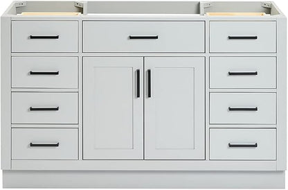 ARIEL Hepburn 54-inch Bathroom Vanity Base Cabinet,Solid Wood, 2 Soft Closing Doors, 9 Dovetail Drawers, Grey