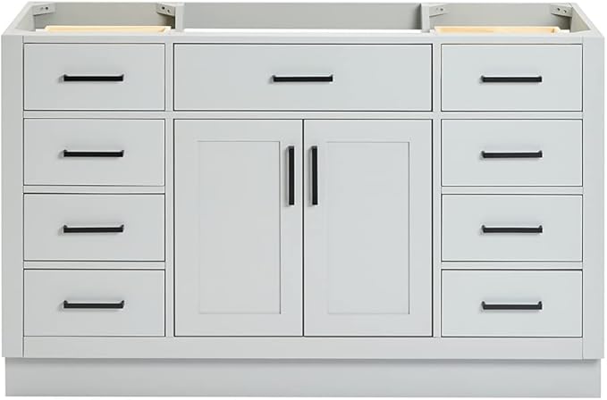ARIEL Hepburn 54-inch Bathroom Vanity Base Cabinet,Solid Wood, 2 Soft Closing Doors, 9 Dovetail Drawers, Grey