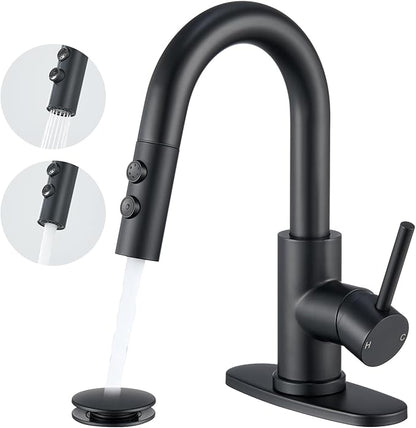 Black Bathroom Faucet with Pull Down Sprayer, Single Hole Bathroom Faucet with Pop-up Drain and Flexible Hoses, 1 Handle Sink Faucets for Vanity, Modern Farmhouse, Vanity, Restroom