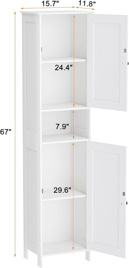 Tall Bathroom Storage Cabinet with 2 Doors, 67"H Narrow Storage Cabinet with Adjustable Shelves& Anti-Tip Design, Reversible Door Installation, Easy Assembly, 11.8 x 15.7 x 66.9 Inches, White