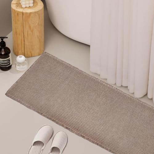 ZALL Tan Waffle Bath Mat,Super Absorbent Non Slip Long Bathroom Runner Rug,Brown 24X72inch,Machine Washable Ultra Soft Floor Mats