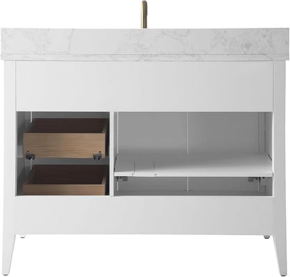 HOMEBEYOND 42" Bathroom Vanity with Sink, Solid Wood Bathroom Vanity Free-Standing Cabinet, Drawers, Ceramic Top & Soft Closing Door, Golden Brushed Handware, White