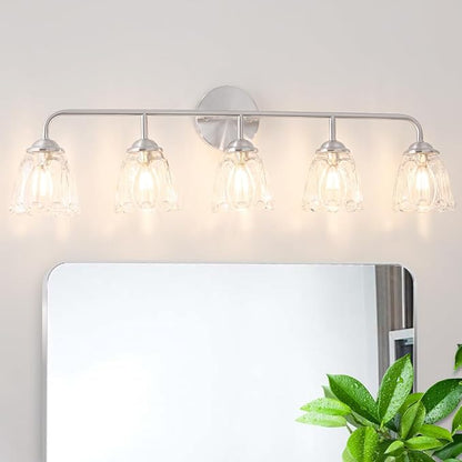 Vintage Vanity Light for Bathroom, Elegant Vanity Light with Flower Glass Shade, Brushed Nickel 5-Light Bathroom Lighting Fixtures Over Mirror, Wall Sconce Lighting for Bedroom, Living Room
